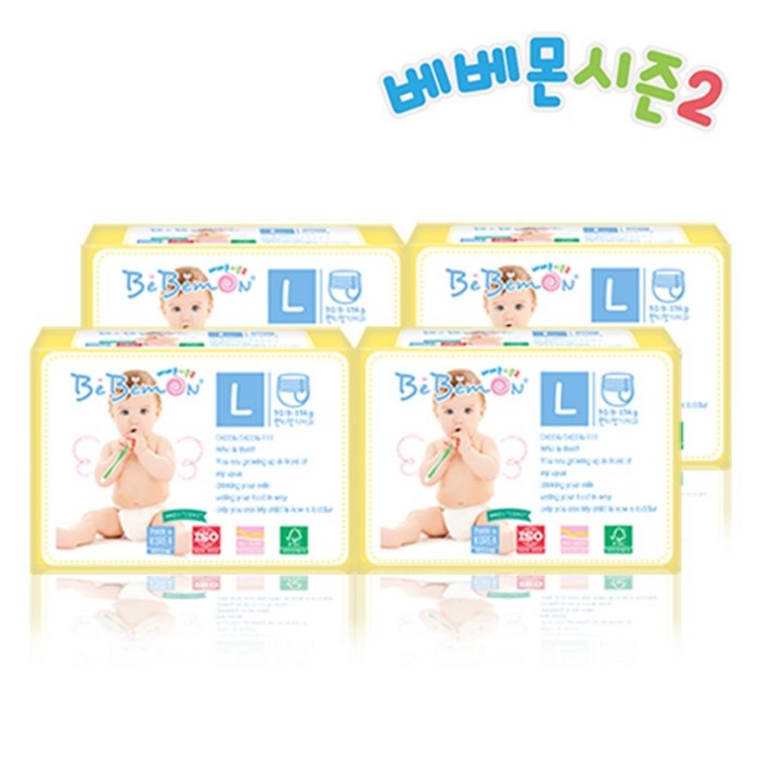 베베몬 시즌2 친자연주의 팬티기저귀 대형 4팩 (8-12kg) #밤기저귀 일회용 기저귀, 128매