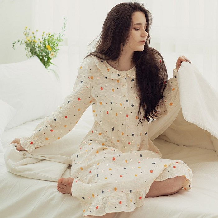라운드카라 컬러도트 요루면 원피스 잠옷 홈웨어 대표 이미지 - 땡땡이 원피스 추천