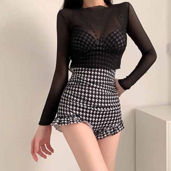 이너소울 원피스 수영복 하운드체크 모노키니 + 시스루 긴팔 대표 이미지 - 비키니 원피스 추천