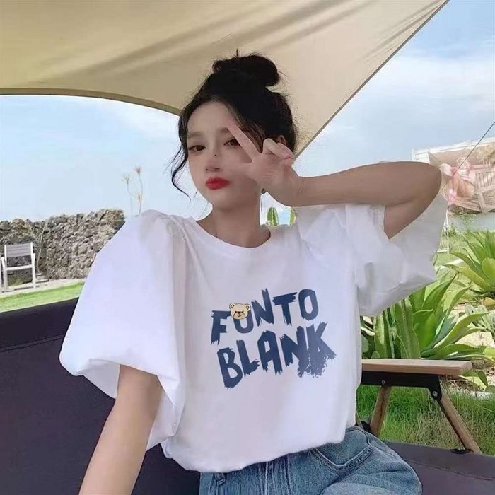 여성 여름 루즈핏 귀여운 프린트 퍼프 소매 티셔츠 Z10