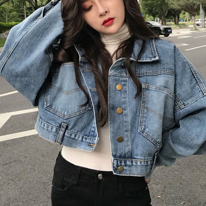 여성 봄 가을 크롭 워싱 데님 재킷 뒷단추 루즈핏 숏 청자켓 슬림소녀