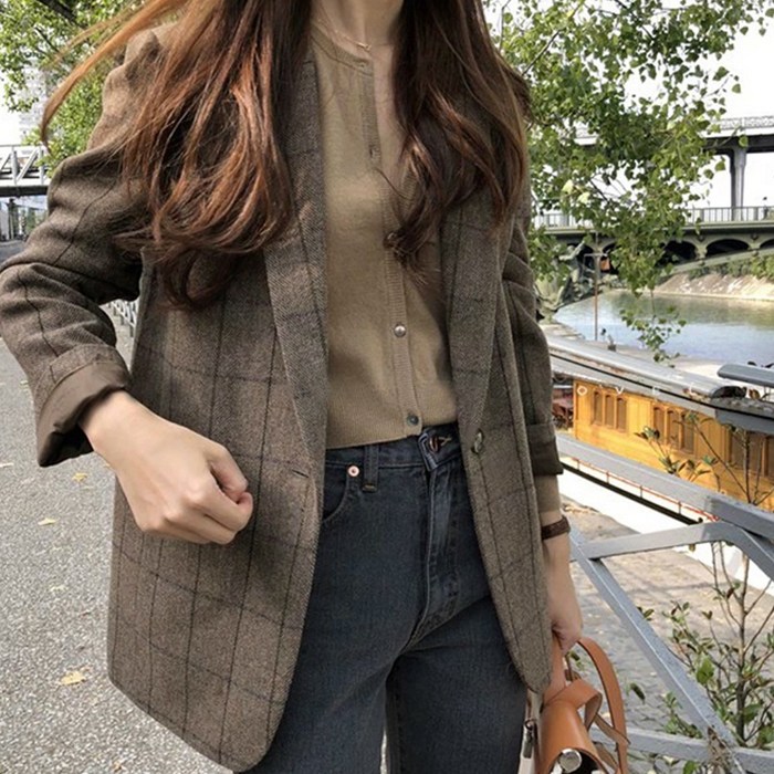 여성 베이직 체크 모던 자켓 모직 아우터 대표 이미지 - 여자 봄 자켓 추천