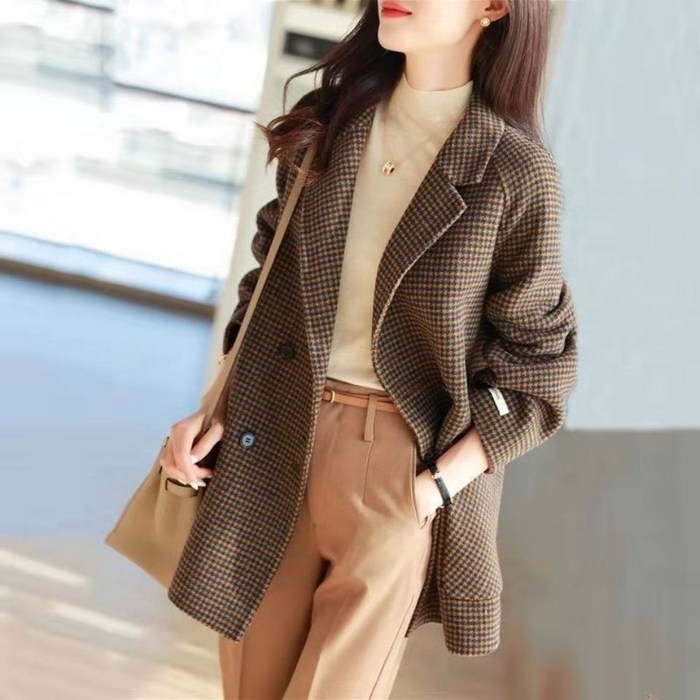 DarjinQD 여성 캐주얼 투버튼 체크무늬 미디엄 카라 모직 자켓 E72 대표 이미지 - 여자 울 자켓 추천
