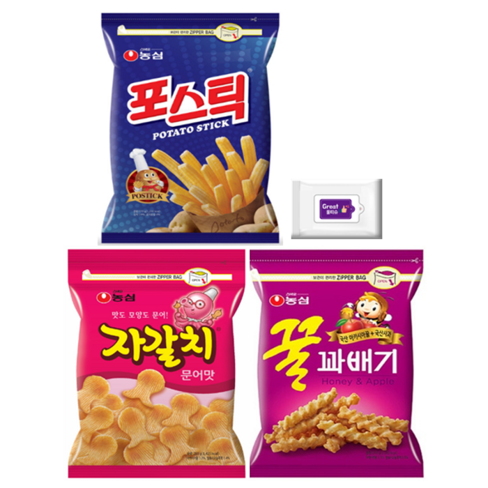 농심 대용량 과자세트 꿀꽈배기(285g)1개+포스틱(270g)1개+자갈치(286g)1개+그레잇물티슈(10매), 꿀꽈1+포스틱1+자갈치1+그레잇물티슈 대표 이미지 - 닭다리 추천