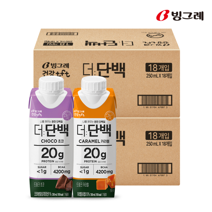 빙그레 더단백 드링크 250ml 초코 18개입 + 카라멜 18개입, 36 대표 이미지 - 더단백 추천