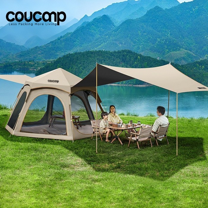 COUCAMP 자동 원터치텐트 대형텐트 육각 돔텐트 58명 캠핑텐트, 58명, 아이보리타프