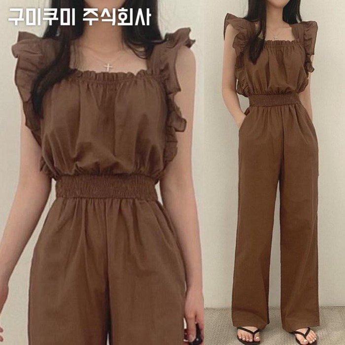 (브랜드 추천) 프렌치 날씬해보이는 특가상품 빈티지 스퀘어넥 소매 프릴 허리밴딩 민소매 시원한 점프수트 데일리룩 여름 신상 여성 루즈핏 무지 패션 데이트룩 모임룩 바캉스룩 점프슈트