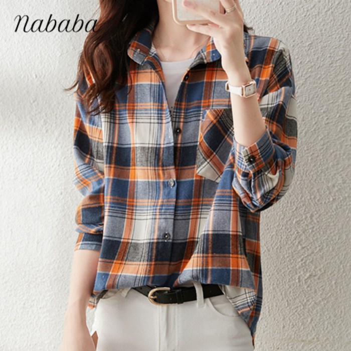 나바바 NB1018 여성 캐주얼 데일리 체크 긴팔 셔츠 대표 이미지 - 여성 여름 셔츠 추천