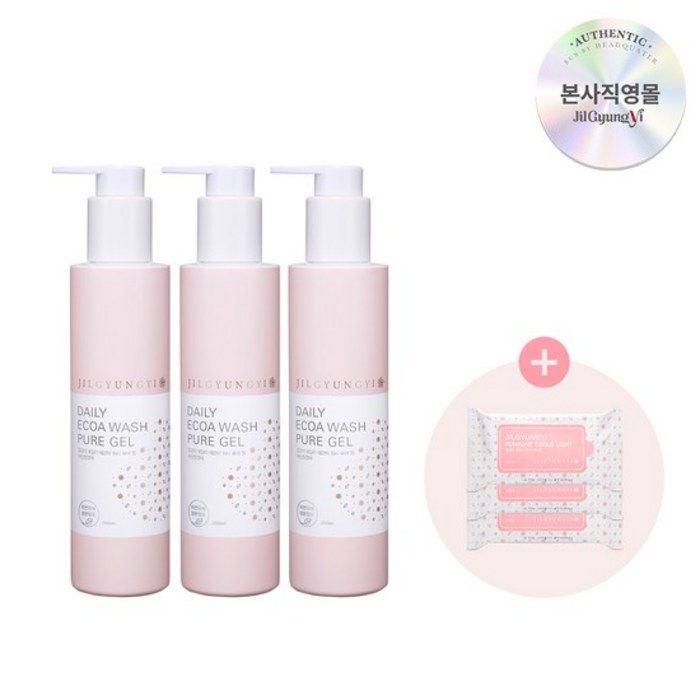 여성청결제 데일리 에코아워시 퓨어젤(200ml) x3 + 페미닌티슈(10매입) x3