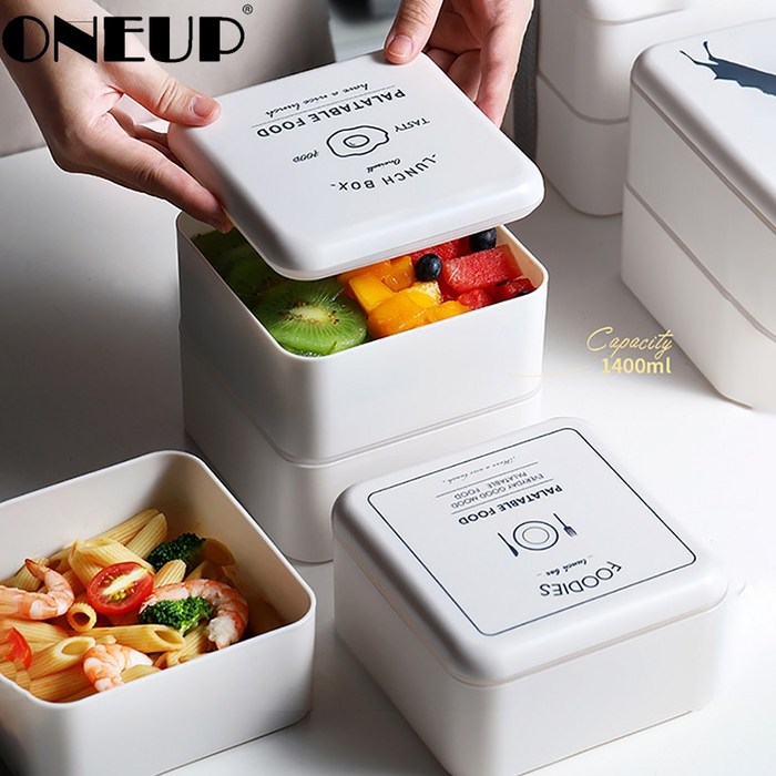 Oneup 일본식 도시락 상자 새로운 2 층 숟가락 젓chopsticks 을 가진 간단한 휴대용 bento 상자 샐러드 음식 콘테이너 microwaveable, 1개, 은