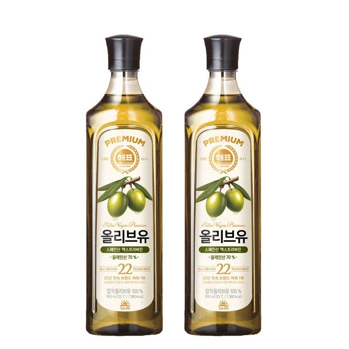 해표 올리브유, 900ml, 2개 대표 이미지 - 엑스트라 버진 올리브유 추천