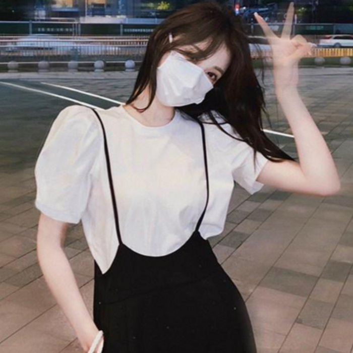 [루디아] 여성 안쇼 셔링 퍼프 소매 반팔 면 티셔츠 대표 이미지 - 퍼프티 추천