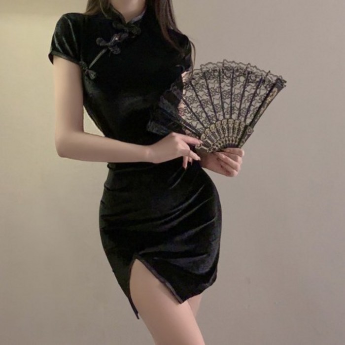 치파오 블랙 클래식 벨벳원피스 코스프레의상 슬림빗 스커트 대표 이미지 - 치파오 추천