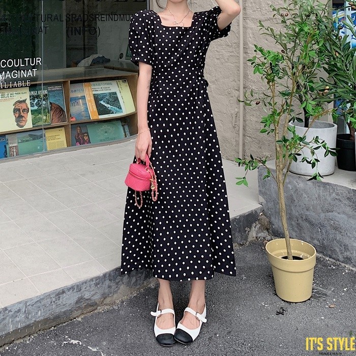 잇츠스타일 [L-4XL] 퍼프 스퀘어넥 복고풍 땡땡이 블랙 도트 반팔 여름 원피스 대표 이미지 - 땡땡이 원피스 추천