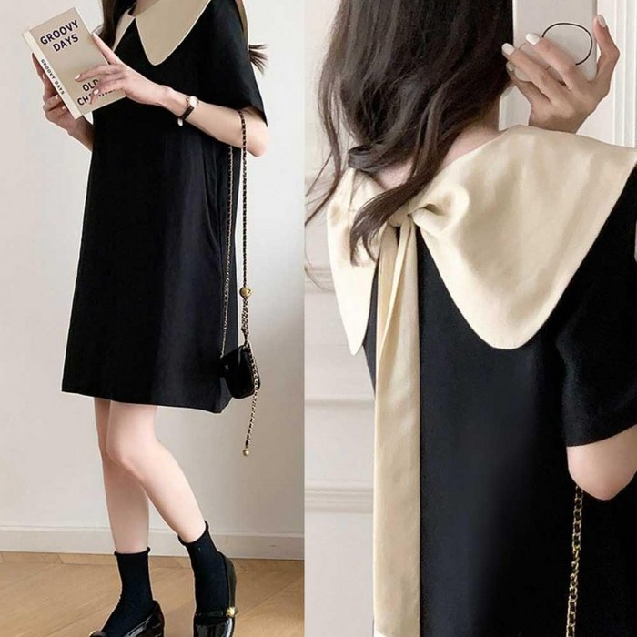 여자 결혼식 패션 하객룩 코디 카라 배색 반팔 원피스