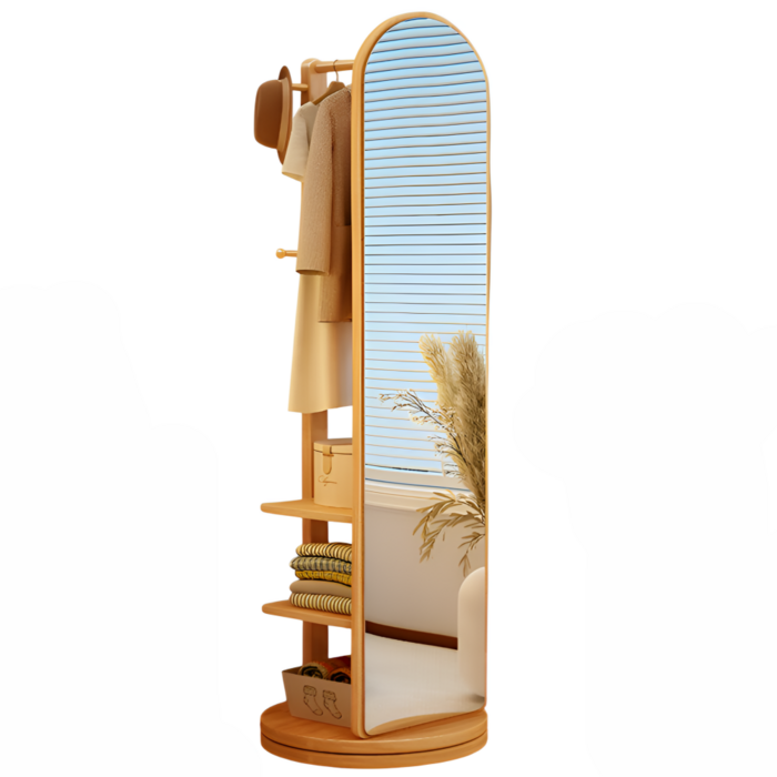 데일리유즈 360도 회전 이동식 전신거울 행거 수납장 선반 회전형 스탠드거울, 우드바퀴