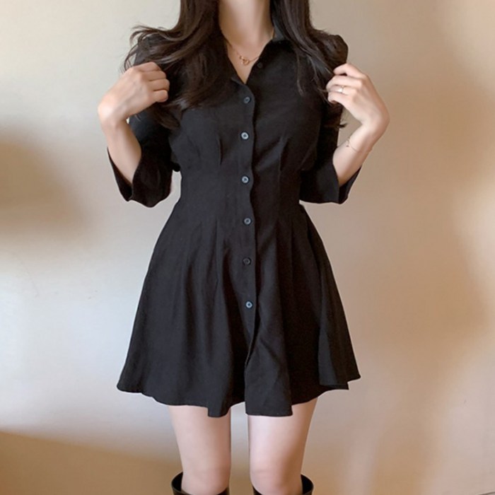 [랜덤플레이] 허리 슬림 라인 셔츠 원피스 대표 이미지 - 미시녀 패션 추천