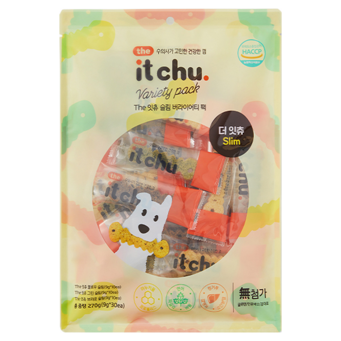 잇츄 슬림 버라이어티팩 개껌 강아지 덴탈껌 치석제거 대용량 간식, 옐로우브라운그린, 270g, 1개