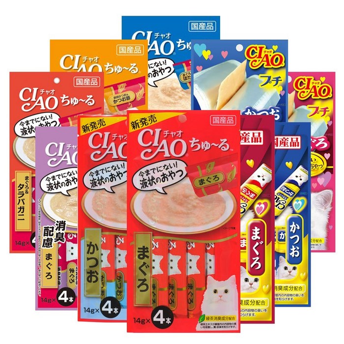 이나바 챠오츄르 파우치 참치 종합셋트 56g x 10개(10종), 10set, 참치가다랑어조갯살가다랑어포게맛살냄새억제참치스틱참치스틱가다랑어뿌치참치뿌치가다랑어 대표 이미지 - 고양이 영양제 추천