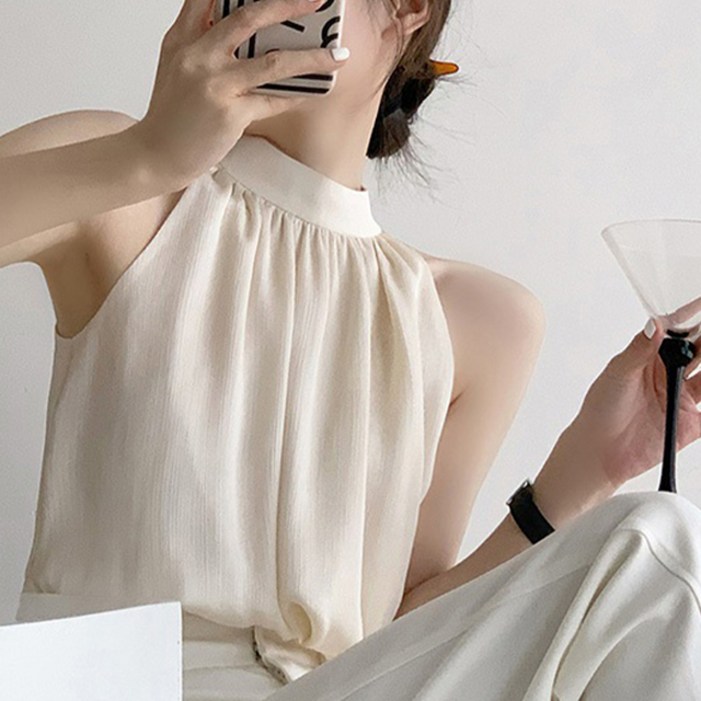 비비에모 봄 여름 반하이넥 셔링 나시 블라우스 02780