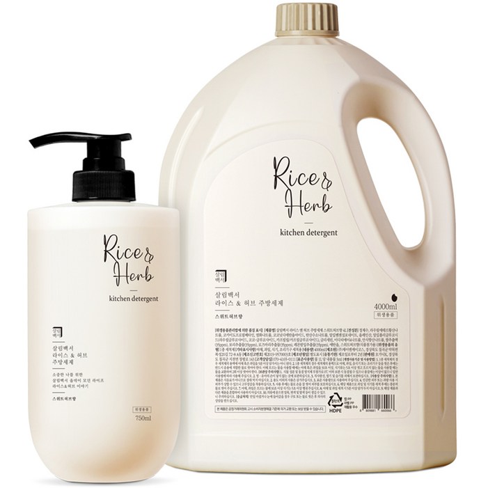 살림백서 라이스 앤 허브 주방세제 스위트허브향 750ml 4L 세트, 1세트