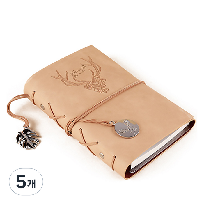 프롬아떼 빈티지 사슴 인장 6공 가죽 만년 무지 A6 다이어리, 베이지, 5개