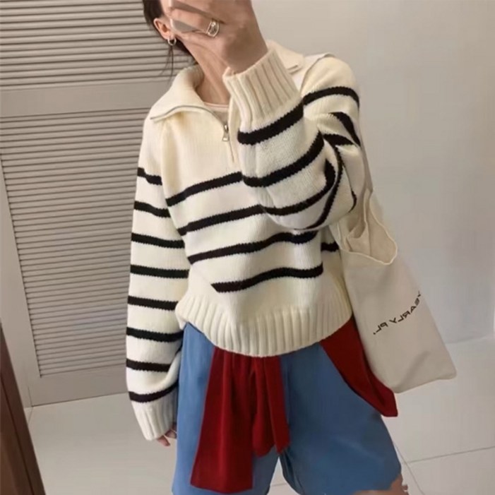 선빛 여성용 마레 데일리 스트라이프 반집업 니트