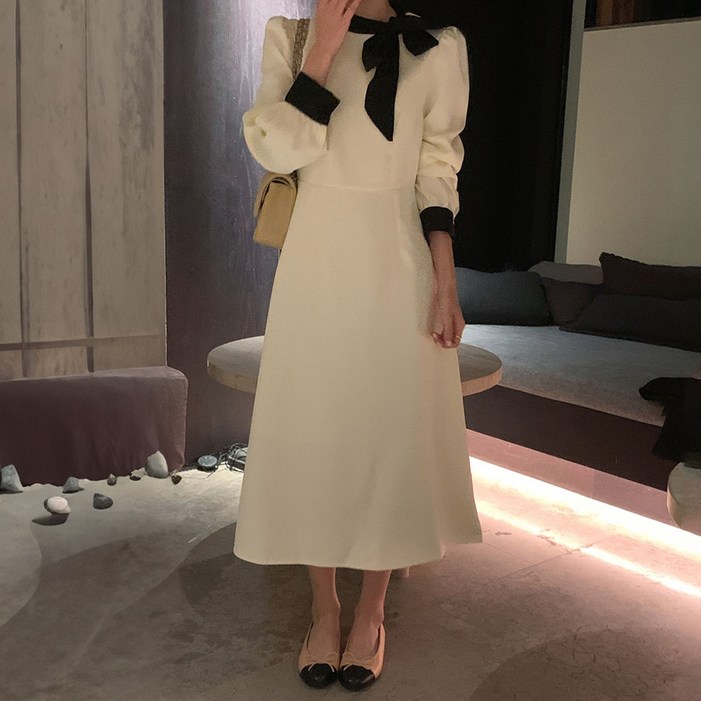 페이퍼먼츠 단정 프랜치 리본타이 배색 원피스 11984