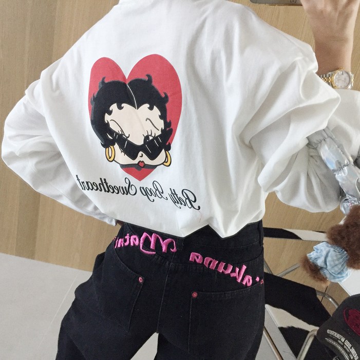 아이미마인 걸스붑 프린팅 레터링 루즈핏 라운드 긴팔티셔츠 2color