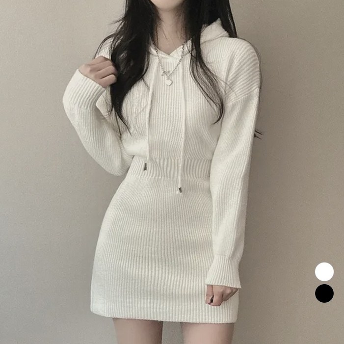 LALABELLE 여성용 원피스 후드 스트링 무지 슬림 캐주얼 긴팔 데일리 니트 미니 원피스