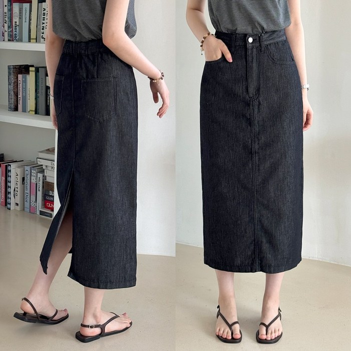 데일리앤 미누아 이염없는 논페이드 생지 데님 롱 스커트 여름 쿨 H라인 밴딩 뒷트임 빅사이즈 청치마