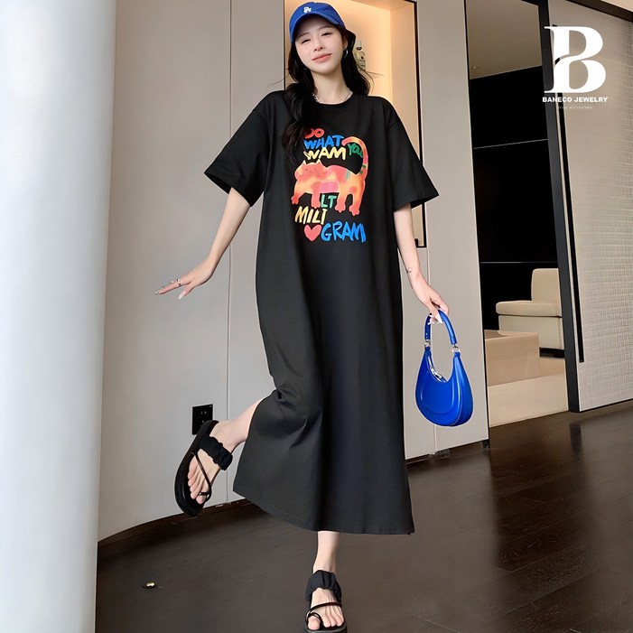 바네코 레인보우캣 빅사이즈 여성 박시 롱 원피스 티 홈웨어