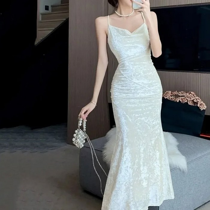 여성 우아한 골드 벨벳 랩스커트 슬림 스트랩 디너 파티 드레스 패션 인어