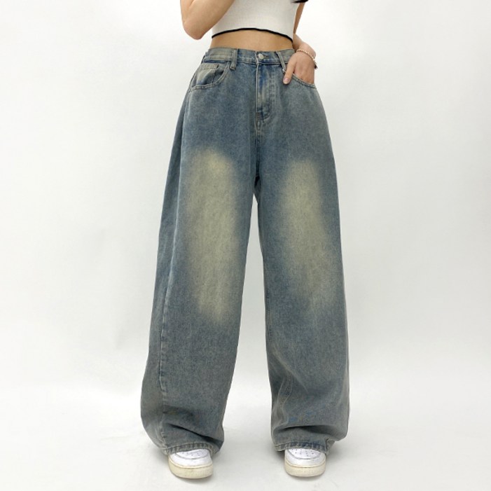 옆핀턱 2단기장루즈 벌룬 하체커버 빈티지 맥시 오버핏 와이드 데님 팬츠