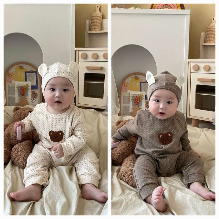 북유럽풍 아기옷 베이비옷 아기우주복 신생아옷 3개월 6개월 백일 곰돌이 바디슈트+보넷 세트 긴팔슈트 조동친구 촬영룩 커플룩 쌍둥이룩 남매룩 형제룩 자매룩 코디
