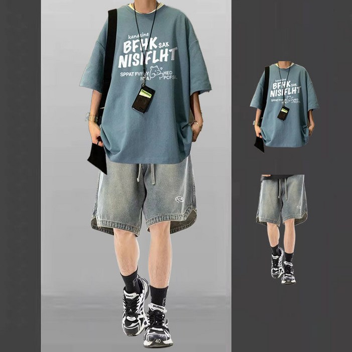 남성 여름 오버핏 프린팅 반팔티  데님 반바지 세트 캐주얼 루즈핏 투피스  데일리 대학생 꾸안꾸룩