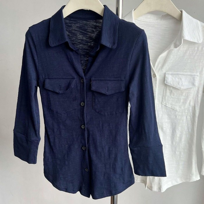 지고다그 여성용 포켓 포인트 카라 7부소매 셔츠 슬림핏 언발란스 디자인 베이직 캐주얼 블라우스 ZK15536