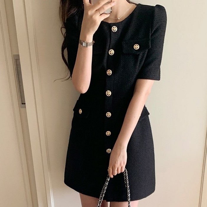 예쁨시전 여름 트위드 테일러드 반팔 미니 원피스