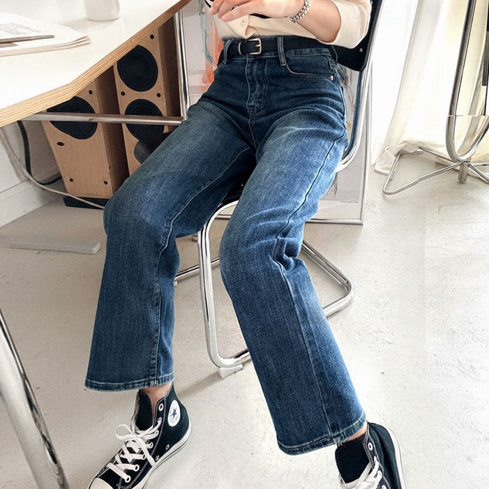 메리앤유 브러쉬 워싱 편안한 일자 핏 스판 롱 청 데님 바지