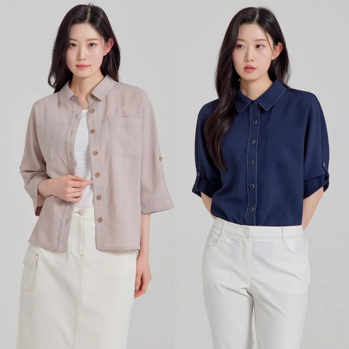 지센 달성점 이월상품 정품 여성 카치온 소매 턴업 셔켓형 카라 블라우스 LFWSP401