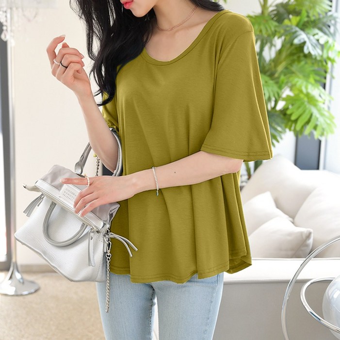 데일리앤 하늘하늘 무지 훌 플레어 반팔 티셔츠