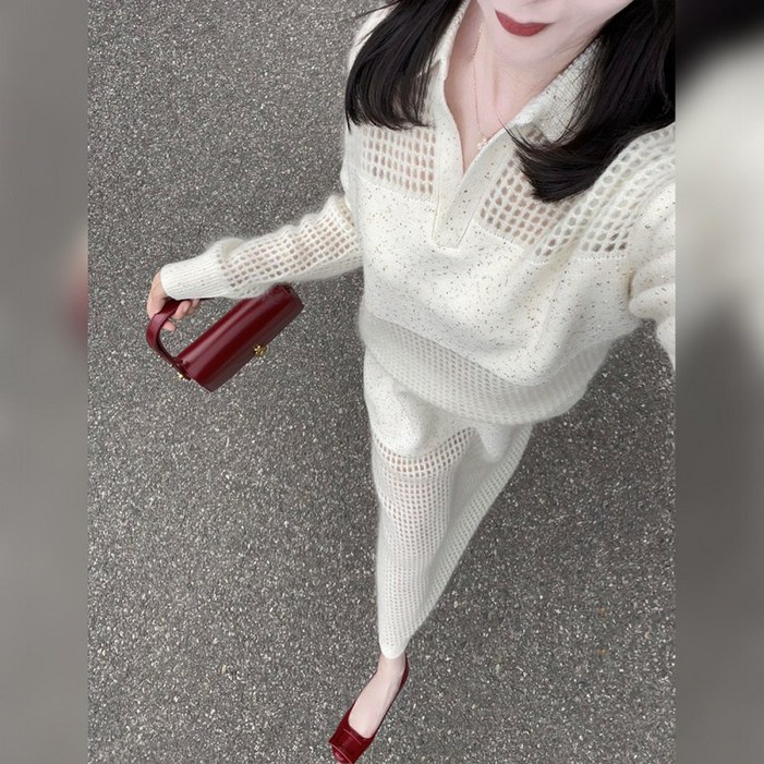 COSYEVNO 여성 투피스 가을 브이넥 펀칭 심플 편안 캐주얼 루즈핏 미디 긴팔스커트 투피스 CXJtz02