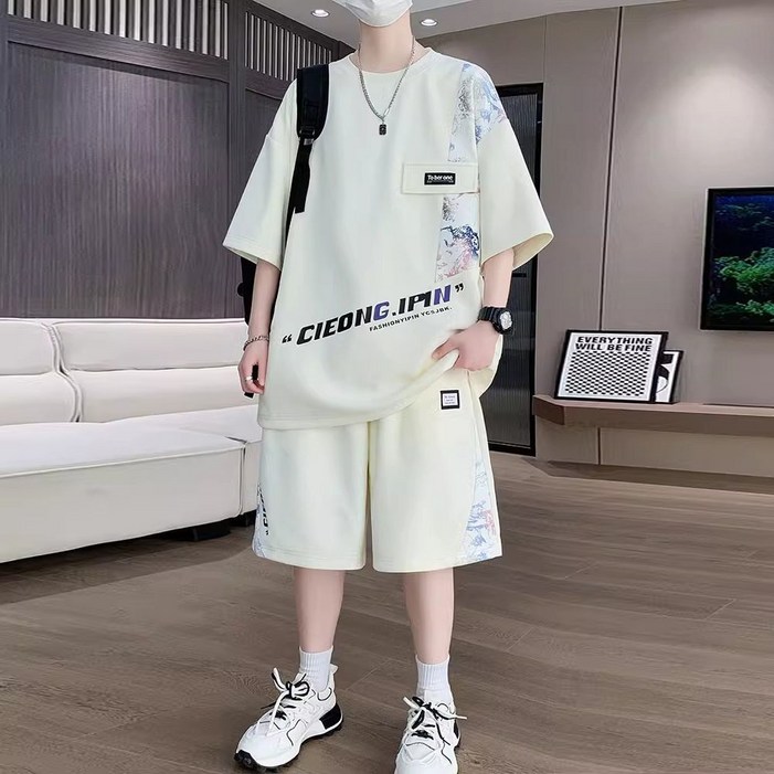 남성 여름 트레이닝 세트 루즈핏 오버핏 레터링 반팔티 와이드 반팬츠 빅사이즈