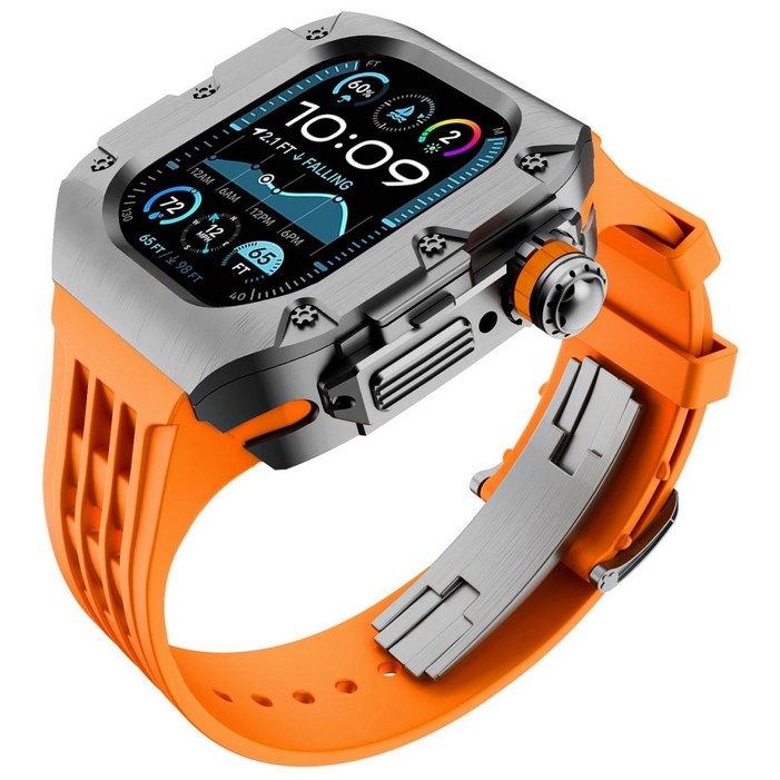 애차드밀 애플워치 호환 티타늄 케이스 울트라 9 8 7 플립형 일체형 스트랩 메탈 밴드 줄질, 05.실버오렌지, 1개