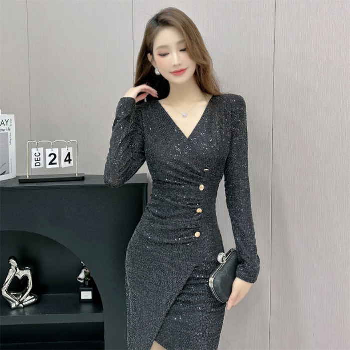 가을 언밸런스 디자인 감각 헤비 블링 블링 여성스러운 미디 원피스