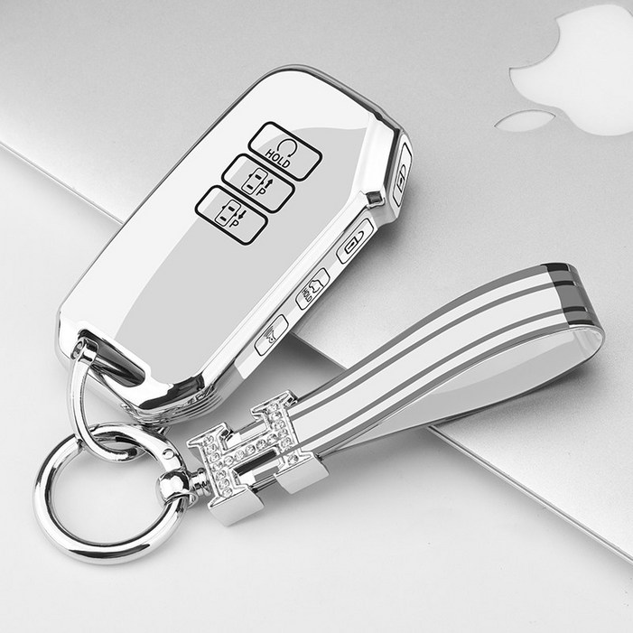 키에티 기아 호환 K8 GL3 셀토스 7버튼 키케이스  H큐빅 키체인, 실버화이트