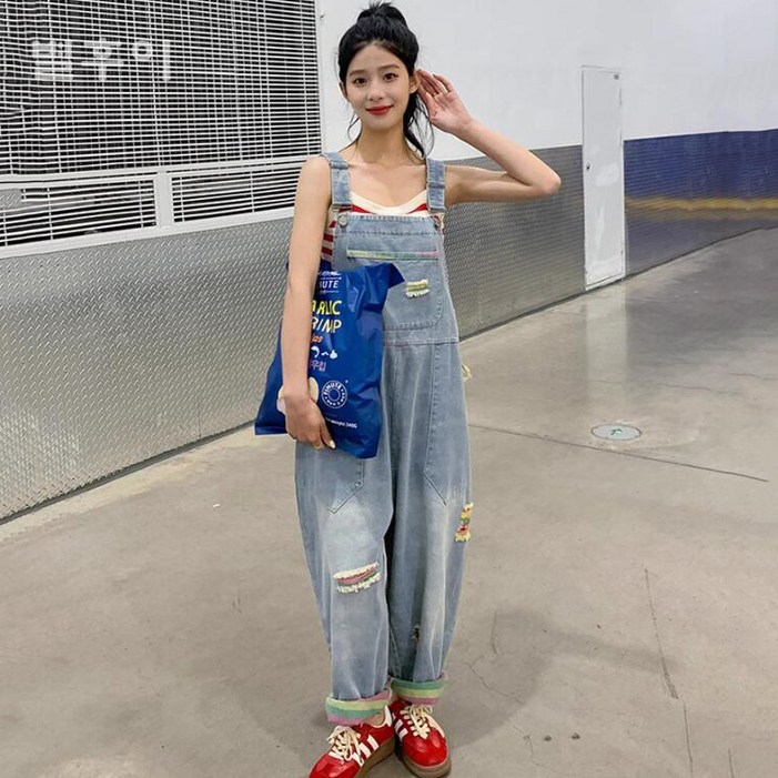 별후이 여성용 데일리 빈티지 찢어진 와이드 데님 멜빵바지 청점프슈트 별후이 여성용 데일리 빈티지 찢어진 와이드 데님 멜빵바지 청점프슈트
