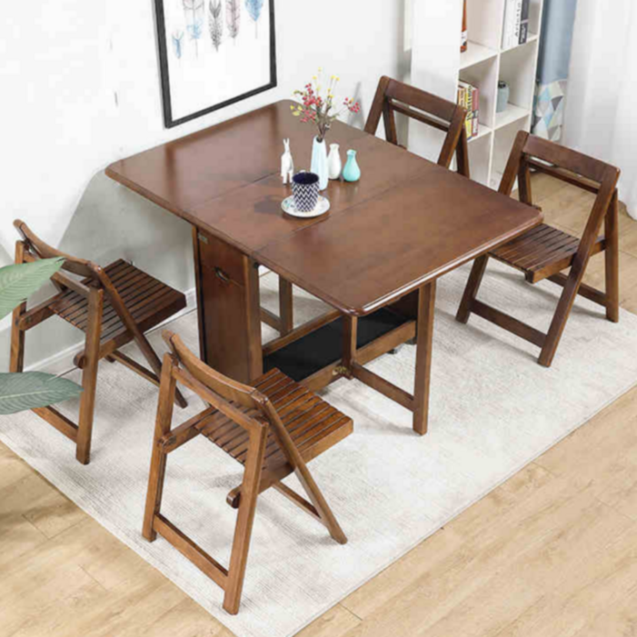 베리아므 접이식 공간활용 이동식 원목식탁 테이블 의자 세트 레트로, 4인용, 월넛