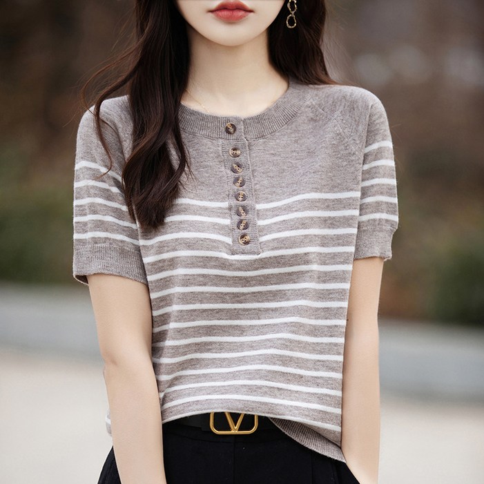 스트라이프 니트 반팔 티셔츠 여성 신상 패션 단추 빅사이즈 여름 상의 라운드 루즈핏
