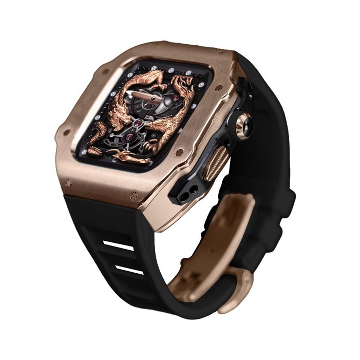 애차드밀 스틸 메탈 케이스 불소 고무 스트랩 밴드 호환 애플워치 울트라2 49 mm 시리즈 9 8 7 45 mmSE 시리즈 6 5 4 44mm, 로즈골드  블랙